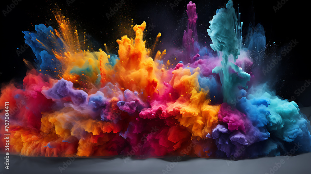 Chromatic Burst, Energetic Explosion of Colorful Powder Against Darkness