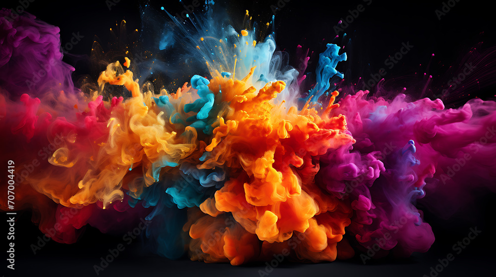 Chromatic Burst, Energetic Explosion of Colorful Powder Against Darkness