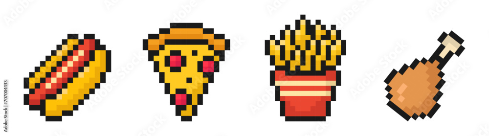 fast food icons collection, pixel art set, 8 bit, old arcade game style, hot dog, slice of pizza, french fries, chicken leg, vector illustration