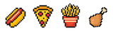fast food icons collection, pixel art set, 8 bit, old arcade game style, hot dog, slice of pizza, french fries, chicken leg, vector illustration