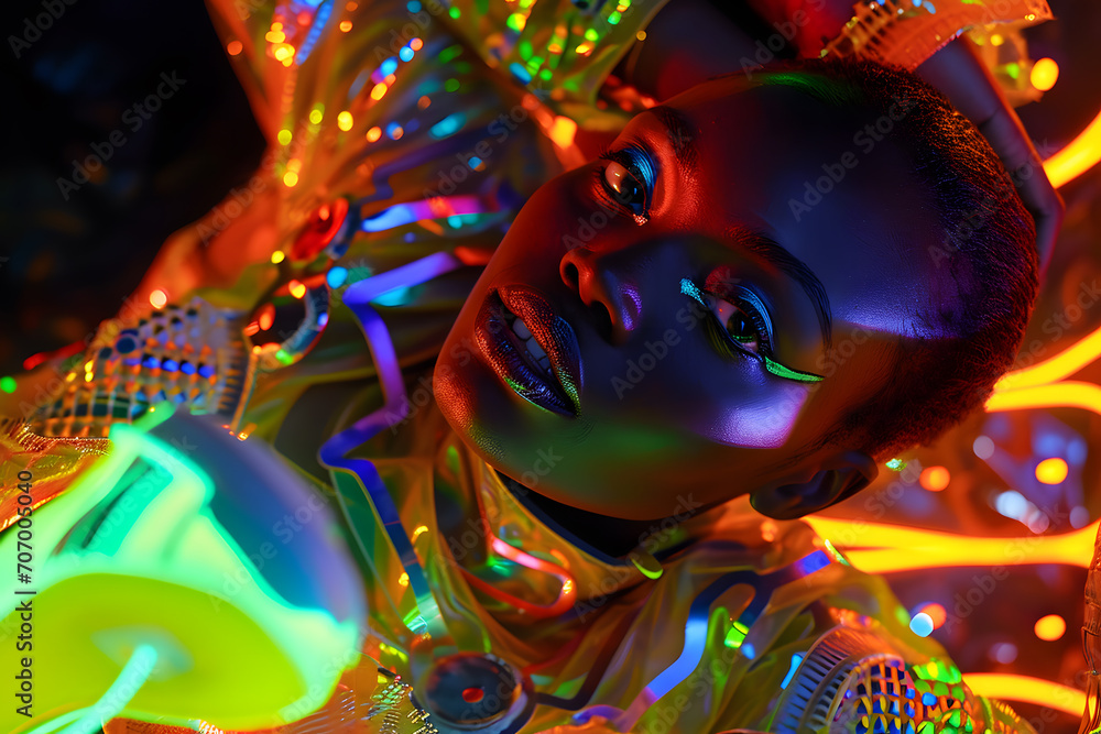 Young african american woman with sunglasses, beautiful makeup, bright neon colors, high fashion, studio portrait Young african american woman with sunglasses, beautiful makeup, bright neon colors, high fashion, studio portrait