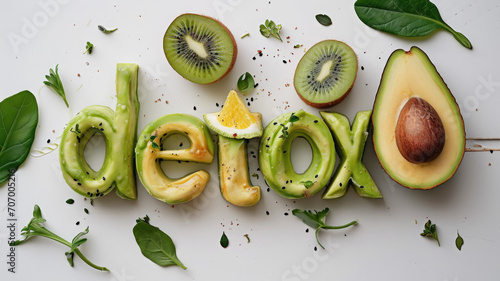 word detox made from green avocado and kiwi on a white background, healthy eating, smoothie, food, fruit, tasty treat, healthy breakfast, weight loss, diet, nutrition