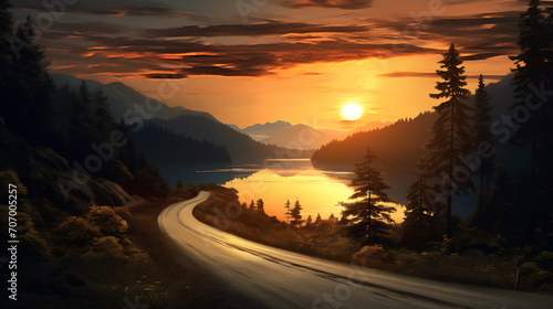 Golden Horizon, Sunset Glow on a Tranquil Lake and Road