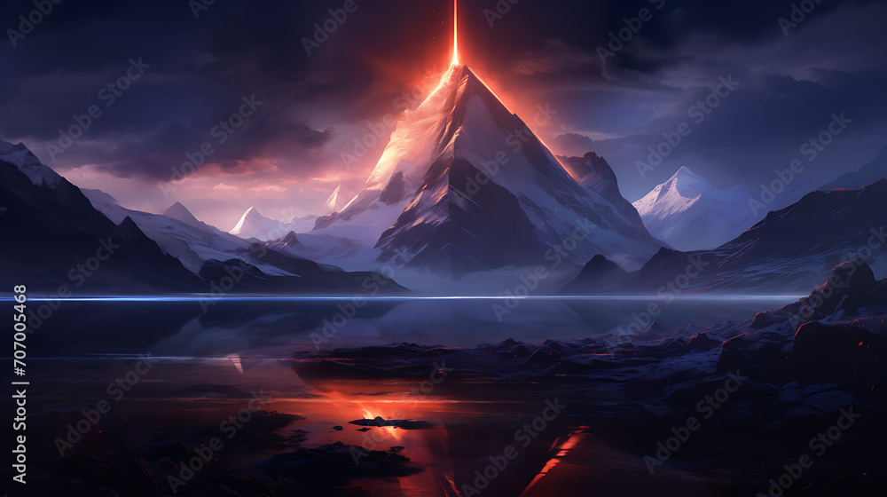 Luminescent Ascent, Futuristic Mountain with a Glowing Path to the Summit