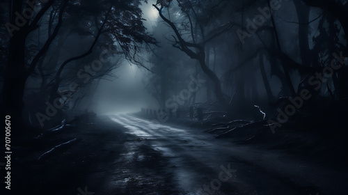 Moonlit mystery, fog in spooky forest casts werie glow on asphalt