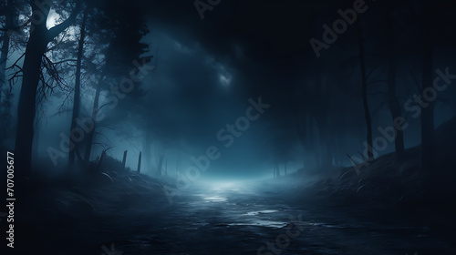 Moonlit mystery, fog in spooky forest casts werie glow on asphalt © Jameel