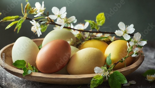 Wall easter eggs and flowers, Easter festivities with an empty wooden table background, radiating the fresh vibes of spring.