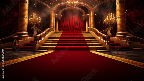 Regal Elegance, Red Carpet Stage with Maroon Steps and Golden Spotlight