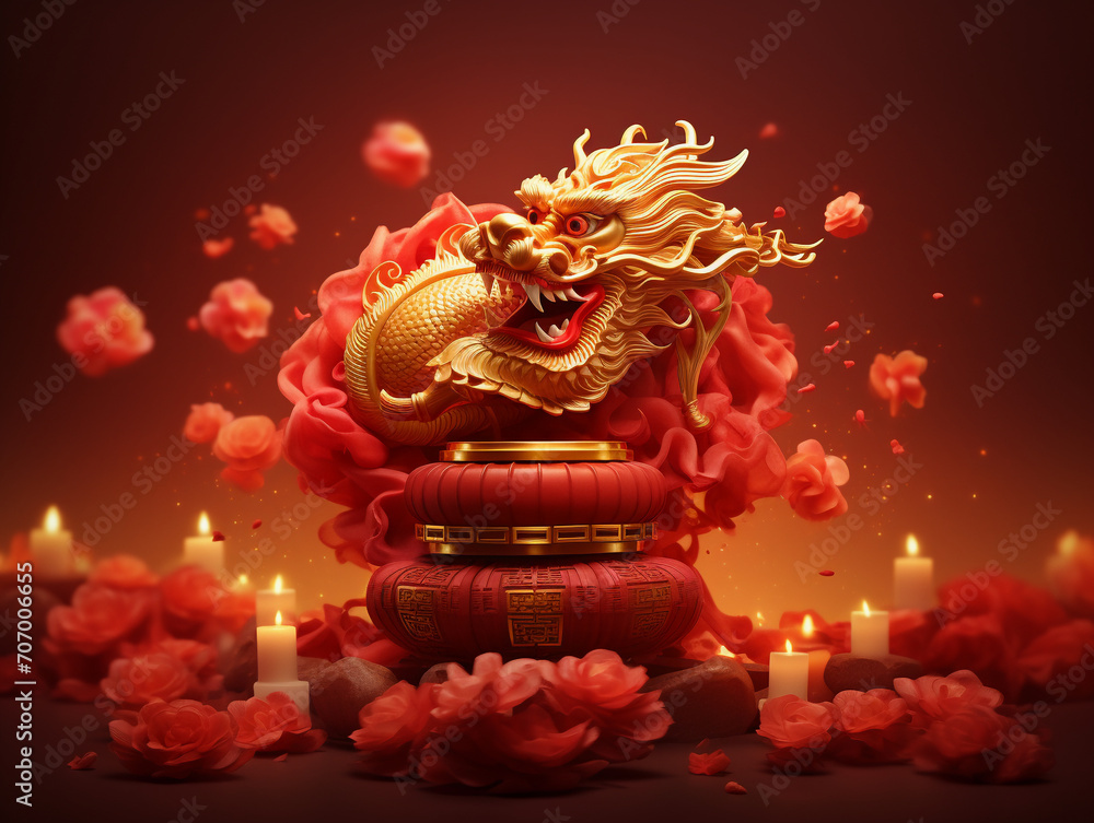 Cheerful red backdrop with a golden Chinese dragon ornament