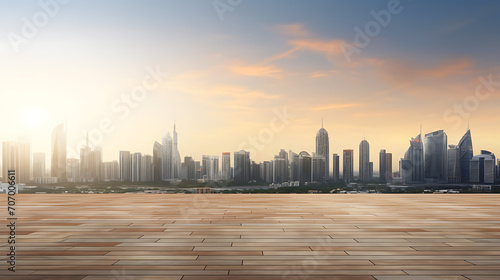 Urban Awakening, Cityscape and Skyline at Sunrise on an Empty Floor