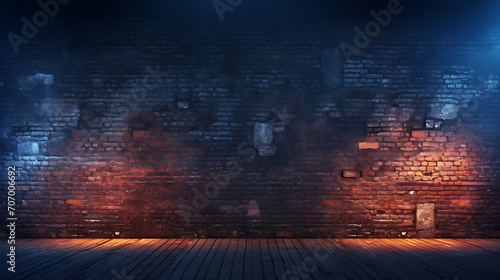 Urban noir, old brick wall with neon lights in a dark empty night street