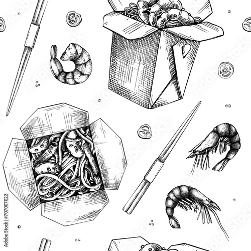 noodles, delivery, takeaway, fast food, collage-style, seafood, Asian, box, branding, cuisine, delicious, design, dinner, dish, drawing, eat, element, engraved, food, graphic, hand-drawn, illustration
