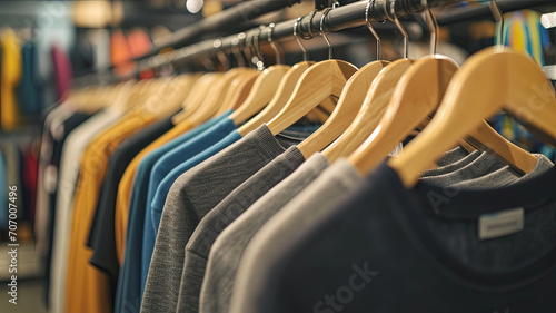 expositor de tienda de ropa con camisetas colgadas de diferentes colores, concepto compra rebajas photo
