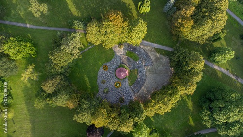 Aerial photo of park with trees and pathways