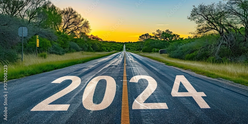 On road to 2024. Conceptual journey into future symbolizing success and new beginnings with asphalt highway forward looking directional sign and inspirational landscape - obrazy, fototapety, plakaty 