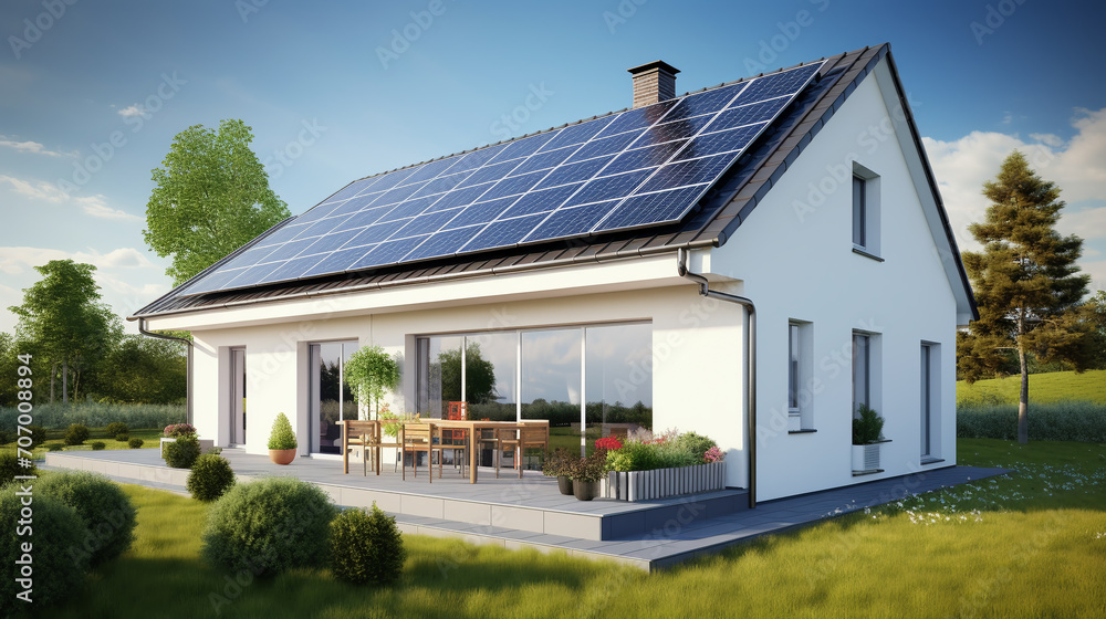 Solar panels on a gable roof. Beautiful, large modern house and solar energy. Rays of the sun. Solar panels on a gable roof. Beautiful, large modern house and solar energy. Rays of the sun.