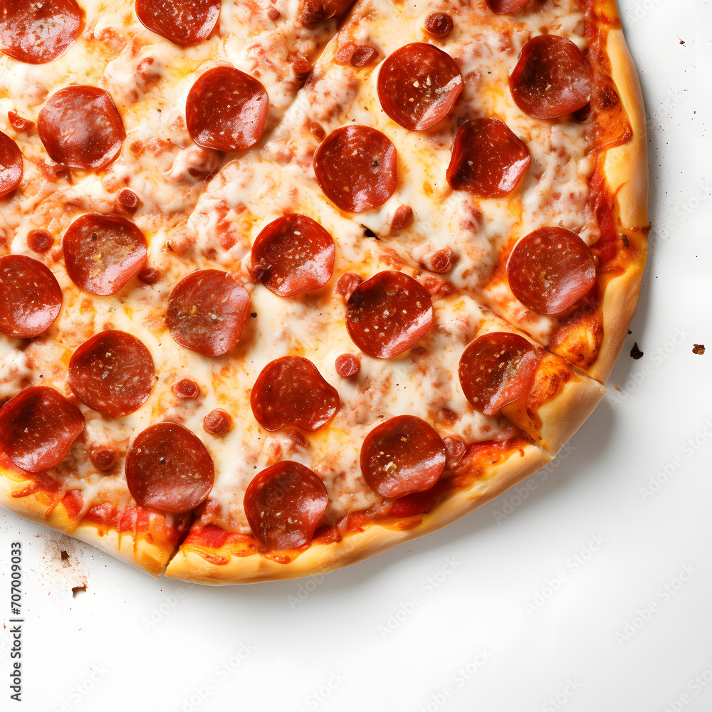 Pepperoni pizza top view isolated on white background Pepperoni pizza top view isolated on white background