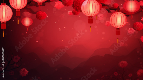 Happy Chinese New Year Style Cherry Blossom Lantern Red Background