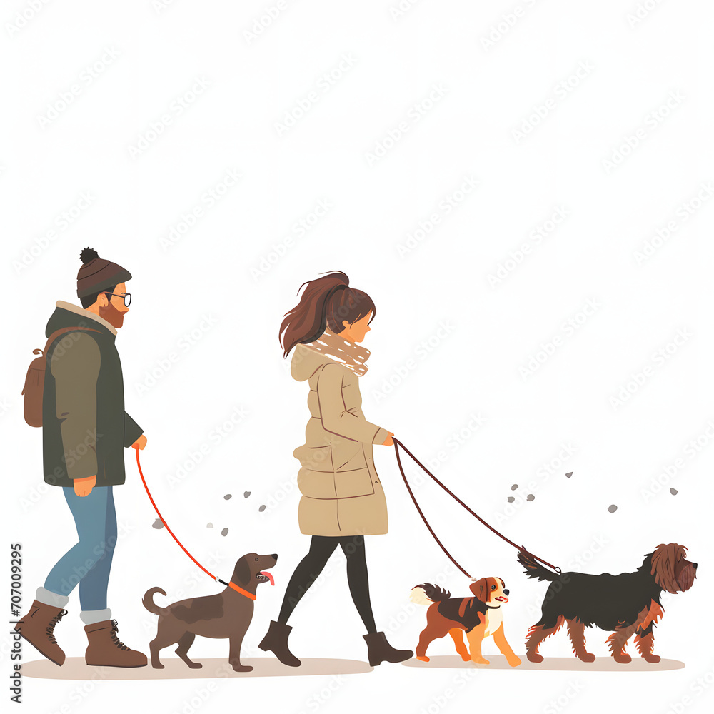 People walking their dogs in the neighborhood isolated on white background, realistic, png
