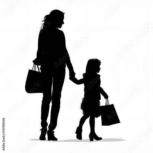 Girls day out shopping with mom and daughter isolated on white background, silhouette, png
 photo