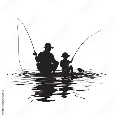 Father and son fishing by a peaceful lake isolated on white background, simple style, png 
