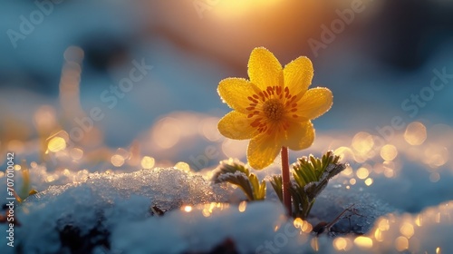 First flowers emerging from melting snow, Sparkling Snow Contrast with Delicate Petals, holiday of the beginning of spring. © Татьяна Креминская