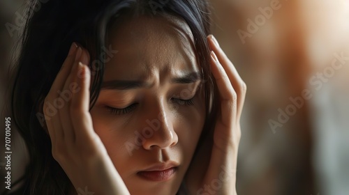 This is a close-up image of a person with their eyes closed, holding their head in their hands, appearing to be in some kind of distress or discomfort.