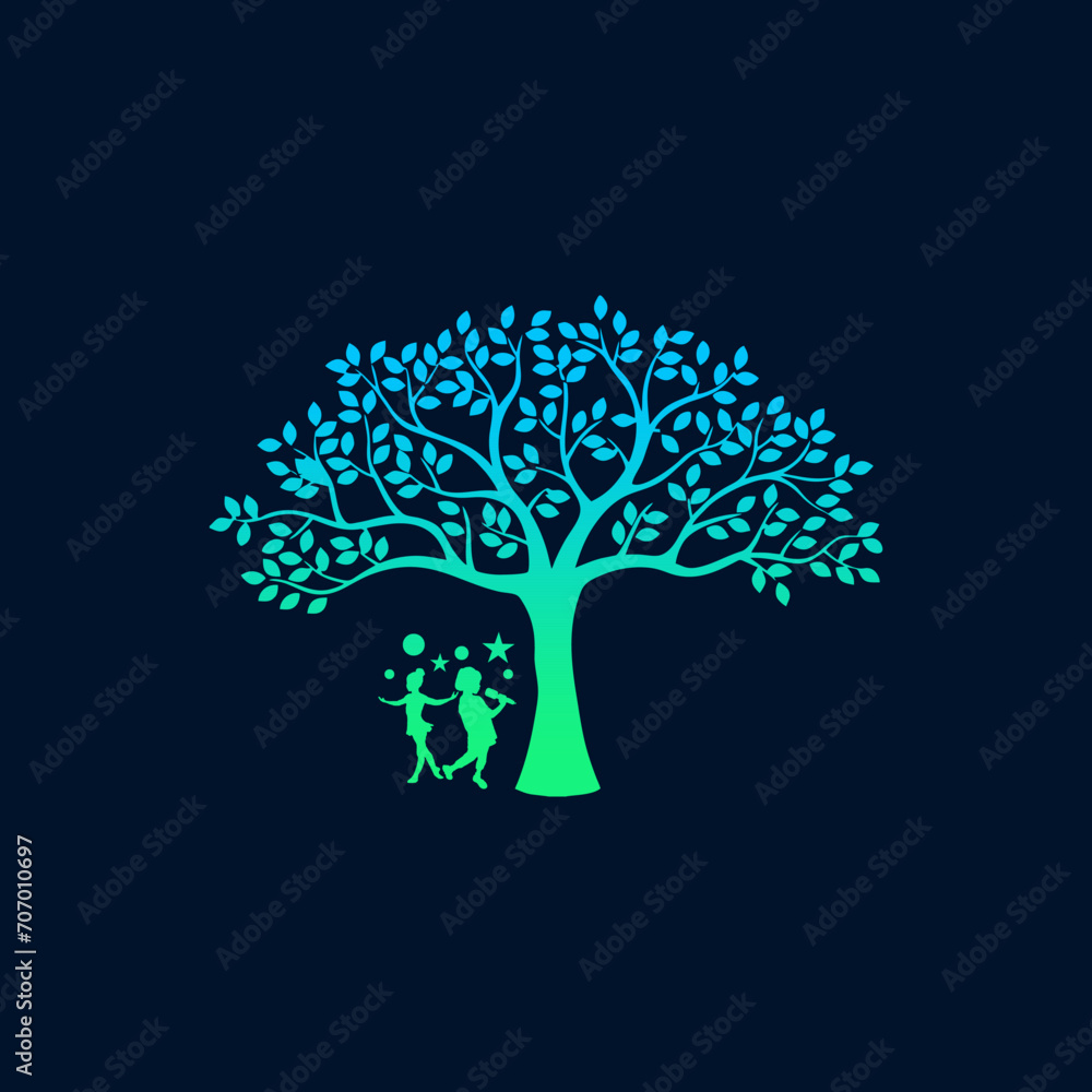 silhouette on black  kid playing under tree