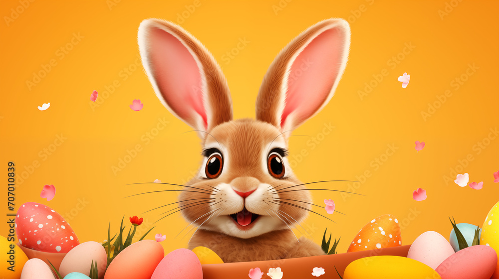 Fur ears of bunny, realistic 3D eggs, colored paper confetti on orange background. Easter