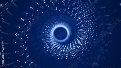 Abstract tunnel of dots and lines. 3D wormhole with a mesh structure. Vortex. 3d rendering