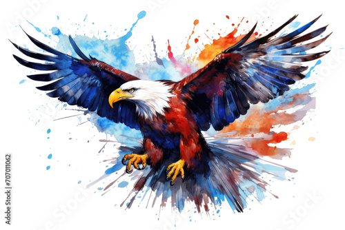 Watercolor splashes Bald Eagle flying isolated on transparent background.