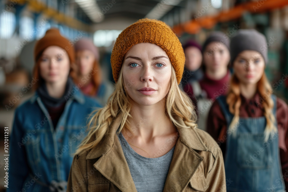Portrait of a group of female workers wearing woolen hats in a factory Portrait of a group of female workers wearing woolen hats in a factory