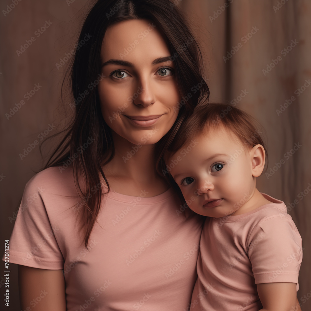 portrait of a young mother and baby, caucasion, plain background, pale pink pastel t-shirts, love, family, mother and child bond.