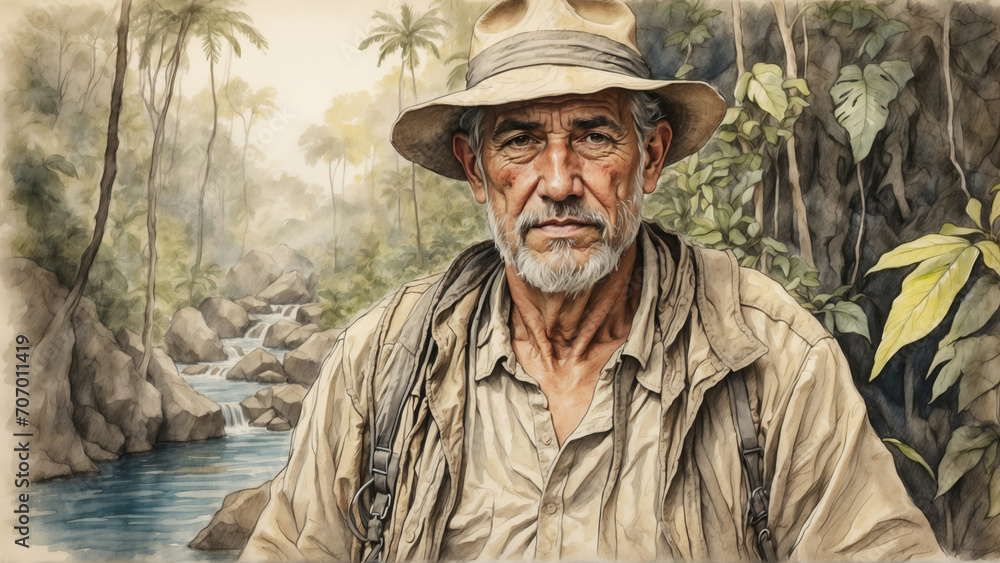 A portrait of an elderly man traveling in the jungle. The traveler is trim, in hiking clothes, with a backpack over his shoulders and a hat on his head. Tropical forest and river in the background.