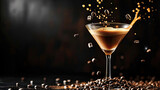 Espresso Martini drink with splashes and falling coffee beans on a black background. Copy space.
