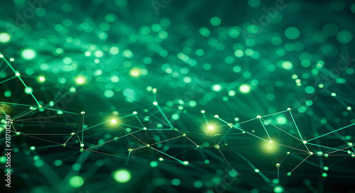 Banner with green abstract background with a network grid and particles connected. Sci-fi digital technology with line connect network and data graphic background. Abstract polygonal wallpaper