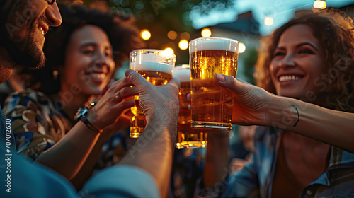 Evening group of friends drinking beer and clinking glasses.