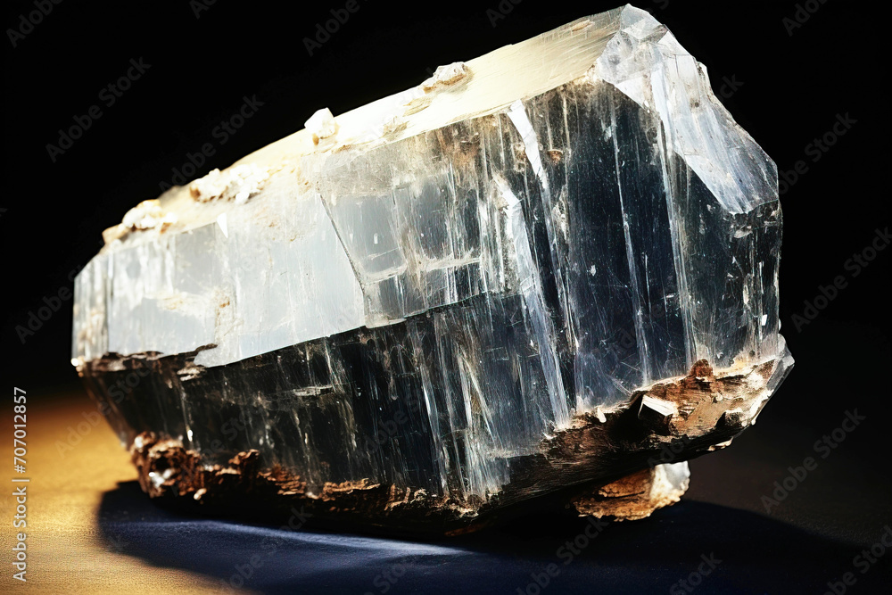 Albite is a rare precious natural stone on a black background. AI ...