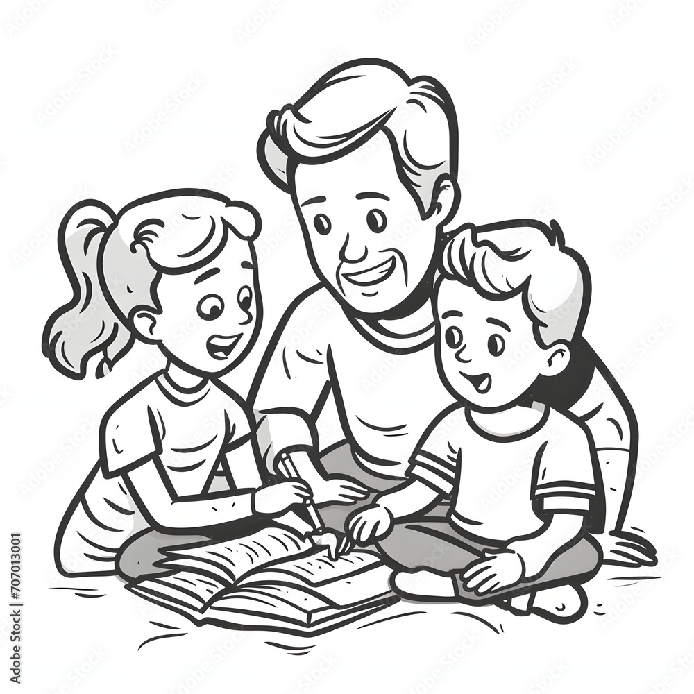 Parents teaching children new skills isolated on white background, outline, png
