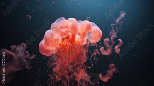 Peach fuzz jellyfish in the deep sea. Weird look od splashes and smoke swimming in the sea deep.