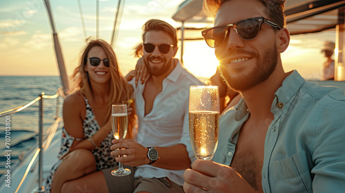 Group of diverse friends drink champagne while having a party in yacht. Attractive young men and women hanging out, celebrating holiday vacation trip while catamaran boat sailing during summer sunset. © Sasint