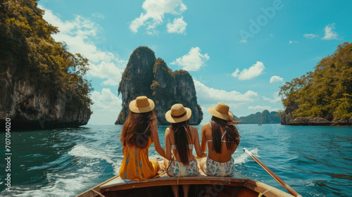 Group of Young Asian woman friends sitting on the boat passing island beach lagoon in summer sunny day. Attractive girl enjoy and fun outdoor lifestyle travel on summer holiday vacation in Thailand