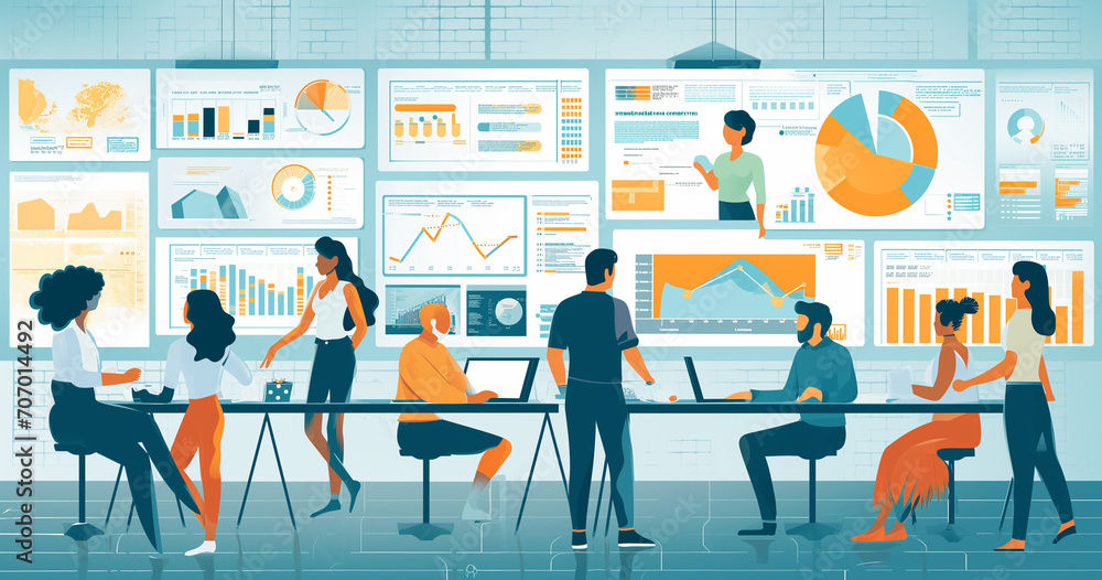 A vibrant contemporary office illustration showcases a diverse group of professionals collaborating amidst digital displays of intricate data analytics. Inclusive and innovative, it symbolizes compreh A vibrant contemporary office illustration showcases a diverse group of professionals collaborating amidst digital displays of intricate data analytics. Inclusive and innovative, it symbolizes compreh