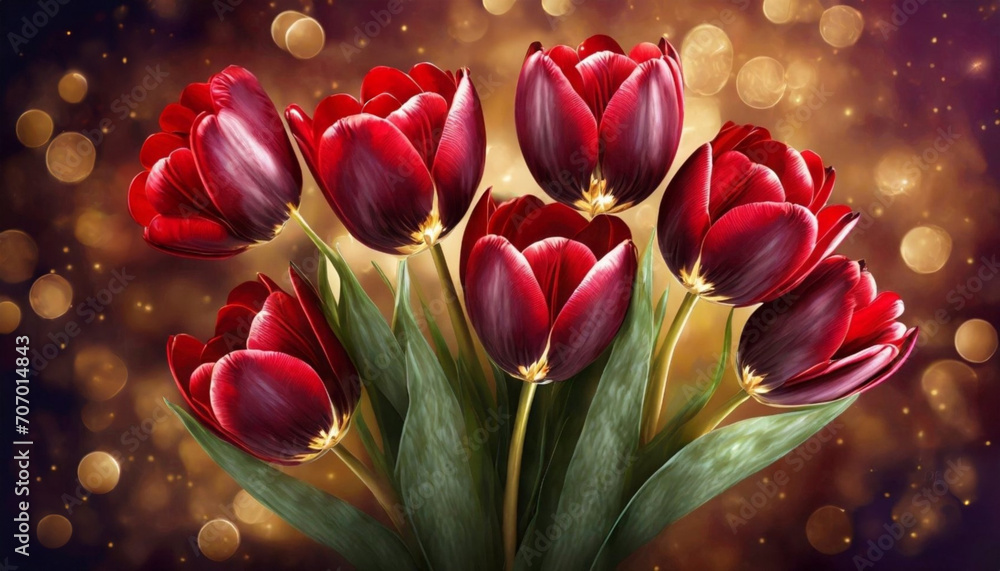 Bukiet pięknych bordowych Tulipanów. Tapeta, dekoracja ścienna, Walentynki.  Generative AI - obrazy, fototapety, plakaty 