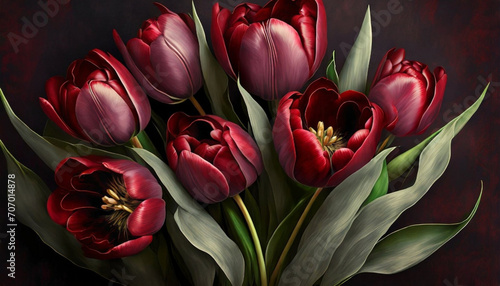 Bukiet pięknych bordowych Tulipanów. Tapeta, dekoracja ścienna, Walentynki. Generative AI