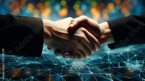 Business network concept. Shaking hands. Management strategy Abstract image of Smart Engineer Foreman Business man shakehand with partnership on city background photo