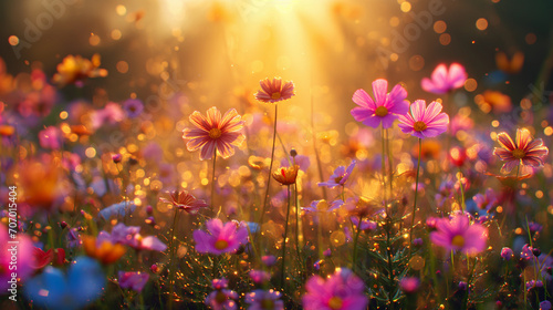 Field of spring flowers at sun set. Generative AI  © chones