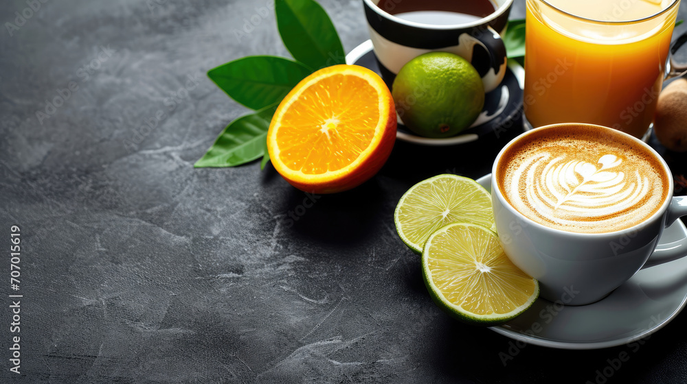Latte, Americano, Orange juice, Lime tea served on dark background. Latte, Americano, Orange juice, Lime tea served on dark background.