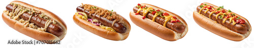 collection of Hot Dog with mustard and ketchup and cheese sauce with salad and traditional rustic frankfurter. various condiments. Isolated on transparent background
