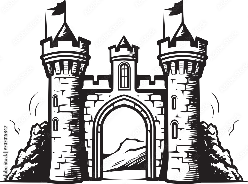 Obraz premium KingdomEntrance Castle Gate Symbol FortressEntry Castle Gate Emblem
